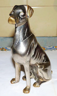 SUPERBE SCULPTURE STATUETTE EN METAL ARGENTE ET DORE CHIEN BRILLANT ASSIS EN TBE - Brons