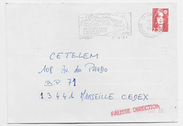 FRANCE BRIAT 2FR30 LETTRE CASSIS 9.2.1991 POUR MARSEILLE VERSO MEC BLOIS + GRIFFE ROUGE FAUSSE DIRECTION - Crash Post