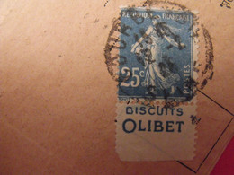 Lettre + Timbre Pub Publicitaire Semeuse 25c Bleu N° 140. Olibet. Publicité Carnet Réclame - Storia Postale