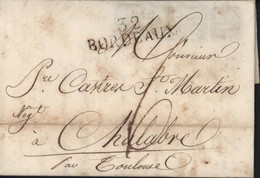 Marque Postale Linéaire MP 32 Bordeaux 25 MAI 1816 De 41X12 Taxe Manuscrite 6 Echantillons De Tissus X4 Pr Chalabre - 1801-1848: Précurseurs XIX