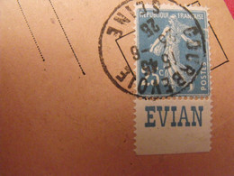 Lettre + Timbre Pub Publicitaire Semeuse 25c Bleu N° 140. Evian. Publicité Carnet Réclame - Lettres & Documents