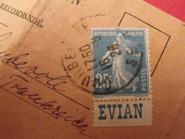 Lettre + Timbre Pub Publicitaire Semeuse 25c Bleu N° 140. Evian. Publicité Carnet Réclame - Storia Postale