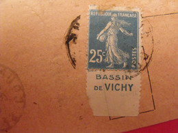 Lettre + Timbre Pub Publicitaire Semeuse 25c Bleu N° 140. Bassin De Vichy. Publicité Carnet Réclame - Covers & Documents