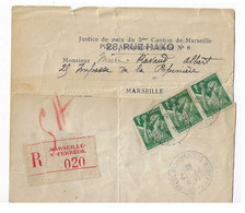 MARSEILLE St Féréol Lettre Recommandée 1F Iris Vert X 3  Yv 432 1 Timbre Coupé Pour L'ouverture Du Pli Ob 27 12 1939 - 1921-1960: Période Moderne