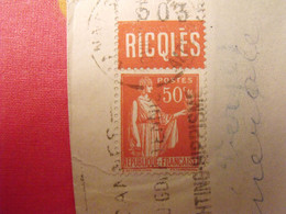 Lettre + Timbre Pub Publicitaire Paix N° 283 I. Ricqlès. Publicité Carnet Réclame - Storia Postale