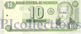 NICARAGUA 10 CORDOBAS 2002 PICK 191 UNC LOW SERIAL NUMBER - Nicaragua