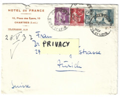 Lettre Auberge Hotel De France Chartres Pour Zurich SUISSE 1937 - Storia Postale