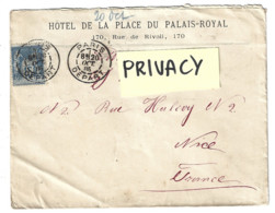 Lettre Auberge Hotel De La Place Du Palais - Royal Paris Pour Nice 1885 15 C. - 1876-1898 Sage (Tipo II)