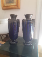 Paire De Vases En Grés Émaillé Bleu Glacure Marron. - Jarrones