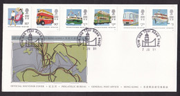 Hong Kong: Souvenir Cover, 1991, 6 Stamps, Public Transport, Ferry Ship, Bus, Tram, Map, History (traces Of Use) - Brieven En Documenten