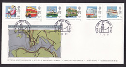 Hong Kong: Souvenir Cover, 1991, 6 Stamps, Public Transport, Ferry Ship, Bus, Tram, Map, History (traces Of Use) - Briefe U. Dokumente