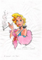 Dessin Original Crayonné De CRISSE Encré Et Mis En Couleurs Par LARSEN - Nu, Pin-up Années Folles, Fume-Cigarette - Originele Tekeningen