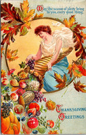 Thanksgiving With Beautiful Woman And Basket Of Fruit 1910 - Giorno Del Ringraziamento