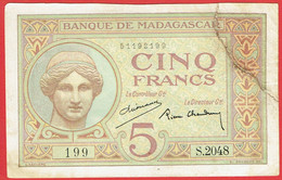 Madagascar - Billet De 5 Francs - Junon - Non Daté (1937) - P35 - Voir état - Madagascar