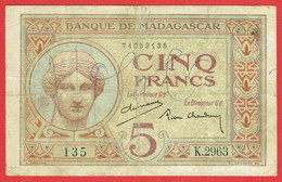 Madagascar - Billet De 5 Francs - Junon - Non Daté (1937) - P35 - Voir état - Madagascar