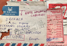 PORTUGAL 1990, USED COVER FROM INDIA,RETURN TO SENDER, PINK SLIP, LABLE,ESTE APARTAD CADUCOU RED RARE CHOP & BLACK RETO - Cartas & Documentos