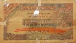 INDIA 1937 Rs.5 Five Rupees Banknote Of King George V Signed By J W Kelly Of 1937 Of Burma Issue Postmark As Per Scan - Inde