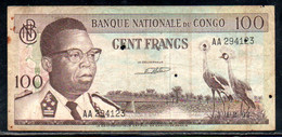 659-Congo 100fr 1962 AA294, Perforé 4 Trous - République Démocratique Du Congo & Zaïre