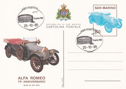 SAN MARINO - CARTOLINA POSTALE  1985 - ALFA  ROMEO - AUTO - ANNULLO SPECIALE ITALIA 85 - Postal Stationery
