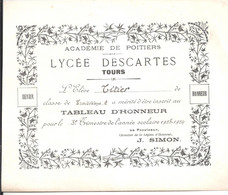 TOURS .. LYCEE DES CARTES . TABLEAU D HONNEUR  ( 2 )  1923 - 24 Et  1924 - 25 - Diplômes & Bulletins Scolaires