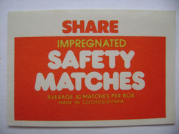 SHARE Impegnated Safety Matches - 30 Matches - Matchbox Label (5 X 3,4 Cm) Czechoslovakia Export UK - Zündholzschachteletiketten