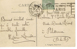 MARQUE POSTALE -  JEUX OLYMPIQUES 1924 - PARIS DEPART - 27-04-1924- Affranchissement 15 C - Semeuse Lignée - - Estate 1924: Paris