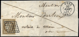 Obl. 1c - 1c. Bistre Verdâtre Foncé Obl. Grille S/lettre Frappée Du CàD De MERU Du 30 Août 1851 à Destination De MERU. S - 1849-1850 Ceres