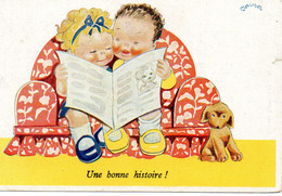 HUMOUR, JANSER, ENFANTS ASSIS SUR UN CANAPE LISANT UNE HISTOIRE, CHIENS A LEURS PIEDS COULEUR REF 4722 - Janser