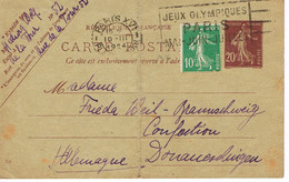 MARQUE POSTALE - JEUX OLYMPIQUES 1924 - PLACE CHOPIN- 10-03-1924 - Affranchissement - 30 C - ENTIER + Semeuse - - Ete 1924: Paris
