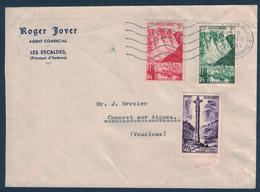 AFFFRANCHISSEMENT À 25F Sur LETTRE OBLITÉRATION ANDORRE LA VIEILLE 1957 ENTETE ROGER JOVER AGENT À LES ESCALDES - Storia Postale