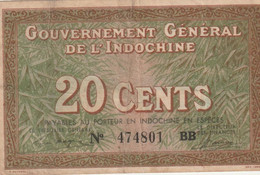 GOUVERNEMENT GENERAL DE L'INDOCHINE  - 20 CENTS 1939   RARE - Indocina