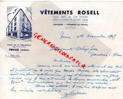 07- PRIVAS- LETTRE MAGASIN VETEMENTS ROSELL- CHEMISERIE-PLACE REPUBLIQUE- A DEBIZE FRERES GRANDRIS RHONE-1947 - Kleidung & Textil
