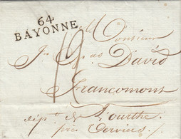 MARQUE 64 BAYONNE BASSES PYRENEES POUR FRANCOMONT (B)  38x11 1807 LETTRE COVER FRANCE - Marques D'entrées