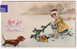 Joyeux Noël - Petite CPA Suède 1923 Fille & Chien Basset Teckel - Swedish Postcard Dachshund Dog Christmas A83-79 - New Year