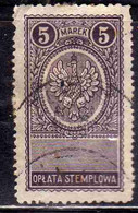 POLAND POLONIA 1924 OPLATA STEMPLOWA  REVENUE FISCAL TAXE POSTAGE DUE IMPERIAL ARMS 5k USED - Fiscales