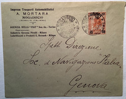 "MOGADISCIO SOMALIA ITALIANA 1925"  Sa.40 Cover (lettera Africa Orientale Lion Fiat Automobile Pirelli - Somalia