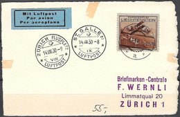 Liechtenstein 1930: Flugmarke Zu F3 Mi 103 Auf Karte Luftpost St.Gallen-Zürich Mit O BALZERS 13.VIII.30 (Zu CHF 70+Flug) - Air Post