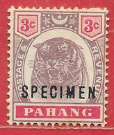 Malaisie Pahang N°10 3c Violer-brun & Carmin (SPECIMEN) 1891-95 * - Pahang