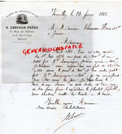 78- VERSAILLES- RARE LETTRE MANUSCRITE SIGNEE S. LESUEUR FRERE-VINS SPITITUEUX-7 RUE ORIENT-THOMISON HINE JARNAC-1883 - Lebensmittel