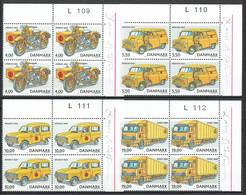 Lars Sjööblom. Denmark 2002.  Mail Vehicles Michel 1312-1315  Plate Blocks MNH. Signed. - Blokken & Velletjes