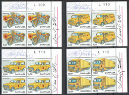 Lars Sjööblom. Denmark 2002.  Mail Vehicles Michel 1312-1315  Plate Blocks MNH. Signed. - Blocchi & Foglietti