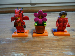 LOT 3 FIGURINE LEGO THEME  FETE SERIE 18 DE 71021 HOMME DEGUISE EN BRIQUE HOMME DRAGON FILLE POT DE FLEURS - Figurine