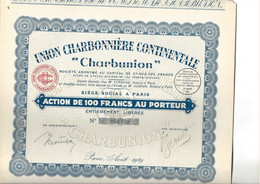 UNION CHARBONNIERE CONTINENTALE " CHARBUNION " - LOT DE 12 ACTIONS DE 100 FRS - ANNEE 1929 - Bergbau