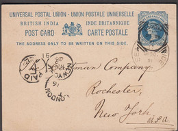 1891. INDIA. ONE AND HALF ANNA POSTCARD Victoria To New York Cancelled BOMBAY OC 31 91 + SEA POST OFFICE 3... - JF525642 - Otros & Sin Clasificación