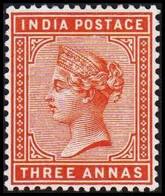 1882-1886. INDIA. Victoria. THREE ANNAS. Hinged. - JF521617 - 1858-79 Compañia Británica Y Gobierno De La Reina