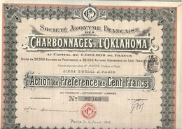 SOCIETE FRANCAISE DES CHARBONNAGES DE L'' OKLAHOMA  -- ACTION DE PREFERENCE DE CENT FRANCS - ANNEE 1911 - Mineral