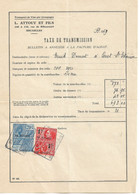 2563PR/Bulletin Taxe Transmission 1928 Attout & Fils Transport De Vins Bruxelles > Court St.Etienne TP Fiscaux 21 Frs - Transport