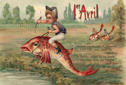 Cpa  Gaufrée 1 Er Avril Petit Garcon Jockey A Cheval Sur Un Poisson Sautant Une Mare - 1er Avril - Poisson D'avril