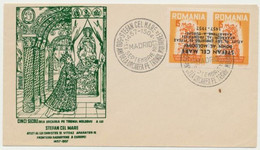 Romania Exile 1957 Stephen The Great Error Pair With Inverted Overprint Used On FDC With Special Cancellation - Plaatfouten En Curiosa