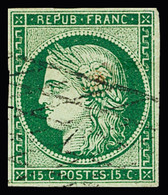 Obl N°2b 15c Vert Foncé, Variété Cadre Brisé, Obl. Grille Sans Fin. TB. Signé Scheller - 1849-1850 Cérès